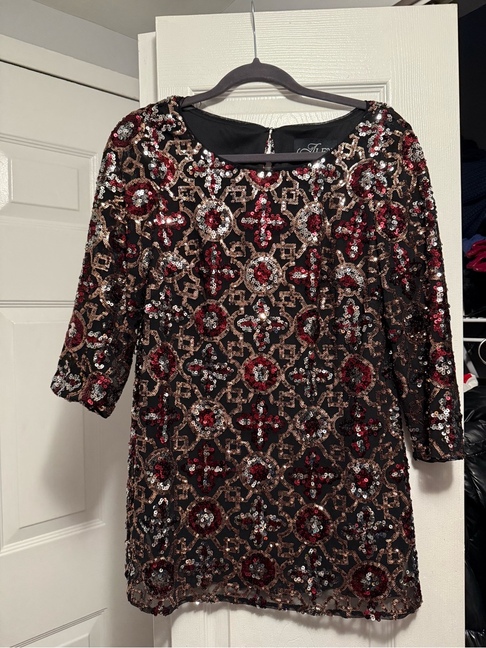 Alex Evenings Black Sequin Mini Dress with Red and Gold Accents